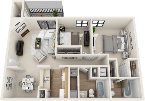 Floor plan for 2 beds, 2 baths, 1045 sqft